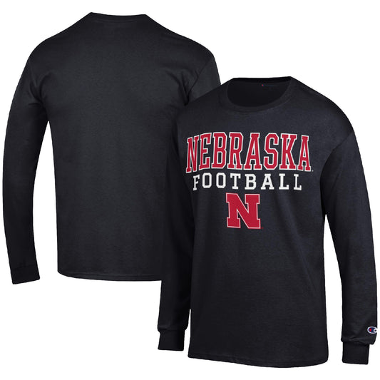 Men's Champion Black Nebraska Huskers Football Stack Long Sleeve T-Shirt