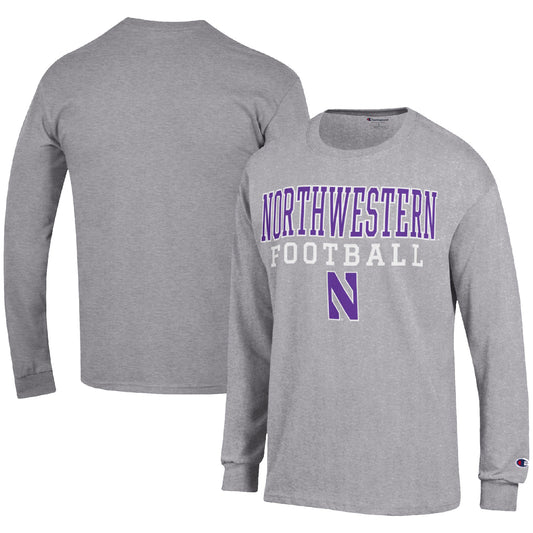 Men's Champion Heather Gray Northwestern Wildcats Football Stack Long Sleeve T-Shirt