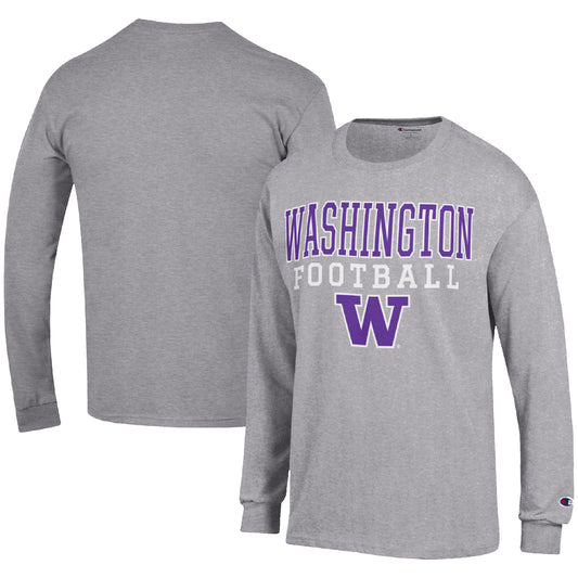 Men's Champion Heather Gray Washington Huskies Football Stack Long Sleeve T-Shirt