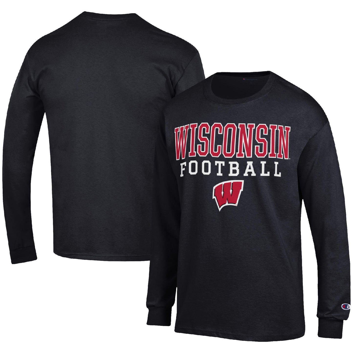 Men's Champion Black Wisconsin Badgers Football Stack Long Sleeve T-Shirt