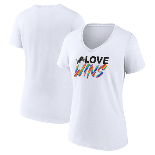 Women's White Detroit Lions Love Wins V-Neck T-Shirt