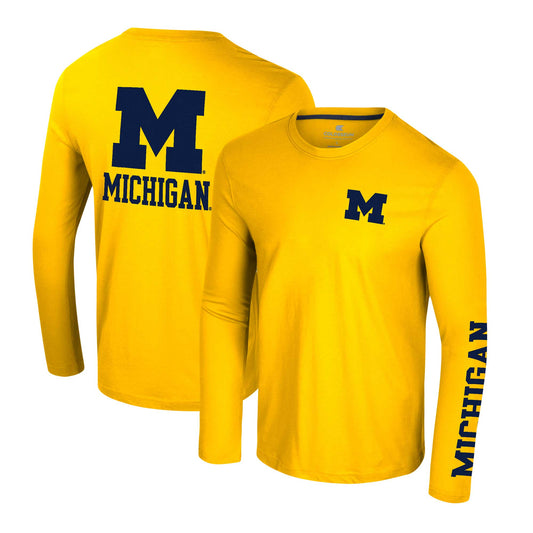 Men's Colosseum Maize Michigan Wolverines Logo Lockup 3-Hit Active Blend Long Sleeve T-Shirt