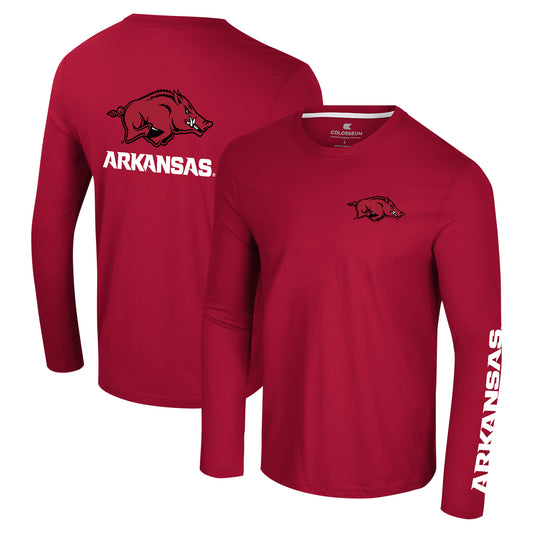 Men's Colosseum Cardinal Arkansas Razorbacks Logo Lockup 3-Hit Active Blend Long Sleeve T-Shirt