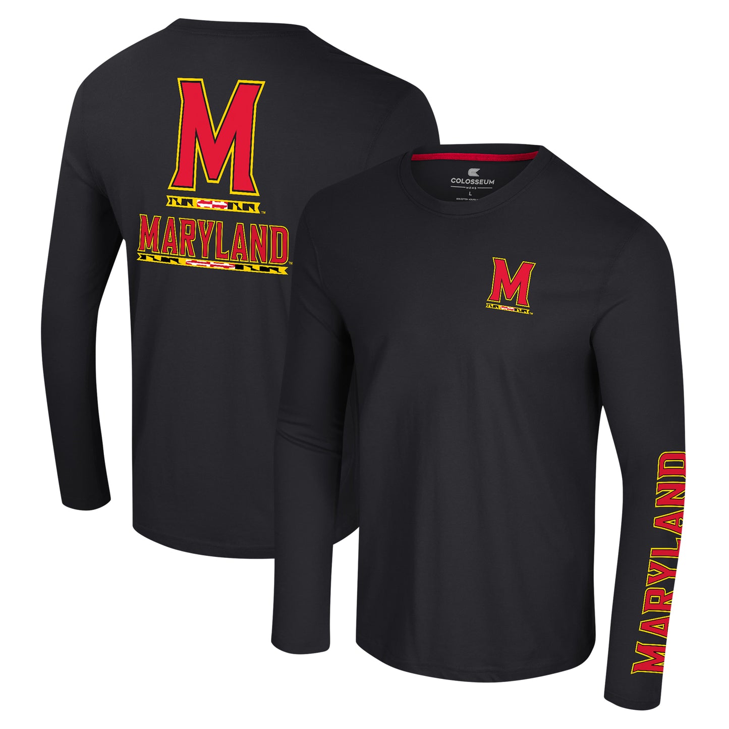 Men's Colosseum Black Maryland Terrapins Logo Lockup 3-Hit Active Blend Long Sleeve T-Shirt