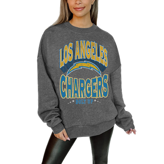 Women's Gameday Couture Charcoal Los Angeles Chargers Long Weekend Premium Fleece Drop Shoulder Pullover Sweatshirt