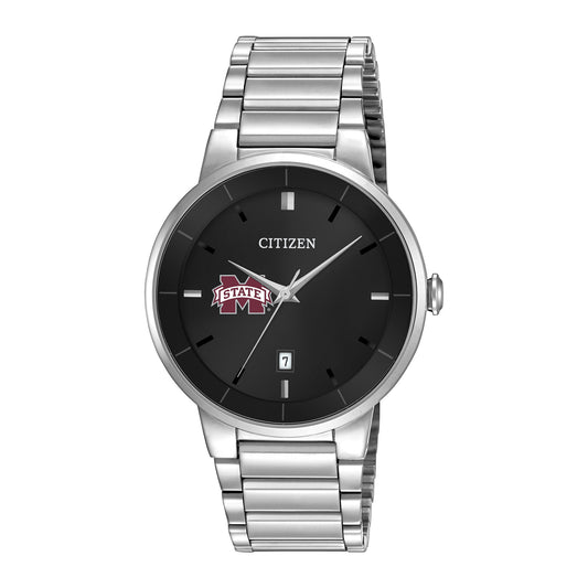 Men's Citizen Watch Silver Mississippi State Bulldogs Black Dial Stainless Steel Watch