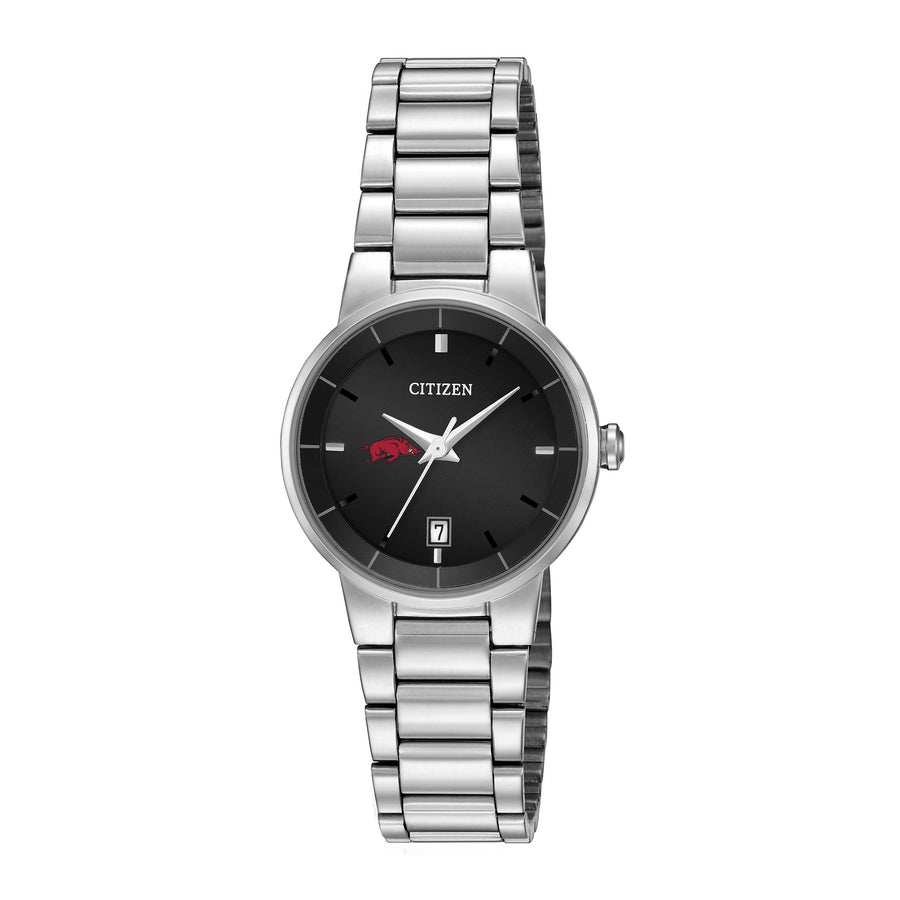 Women's Citizen Watch Silver Arkansas Razorbacks Black Dial Stainless Steel Watch