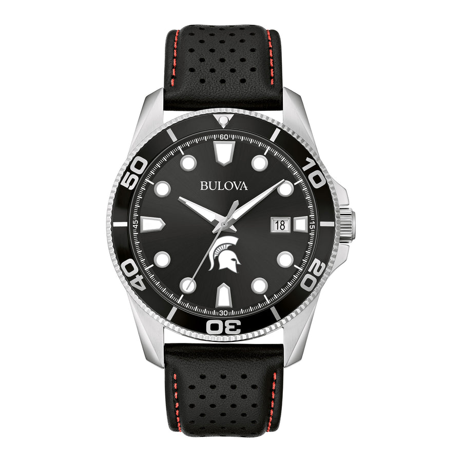 Men's Bulova Black Michigan State Spartans Corporate Collection Leather Strap Watch