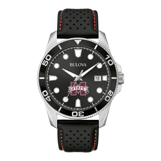 Men's Bulova Black Mississippi State Bulldogs Corporate Collection Leather Strap Watch