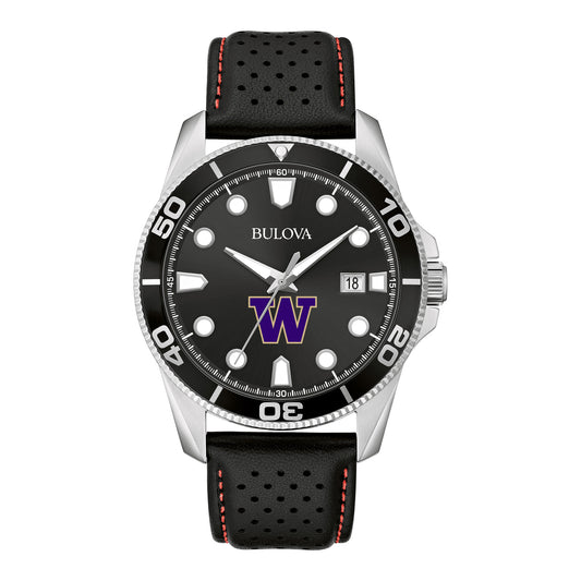 Men's Bulova Black Washington Huskies Corporate Collection Leather Strap Watch