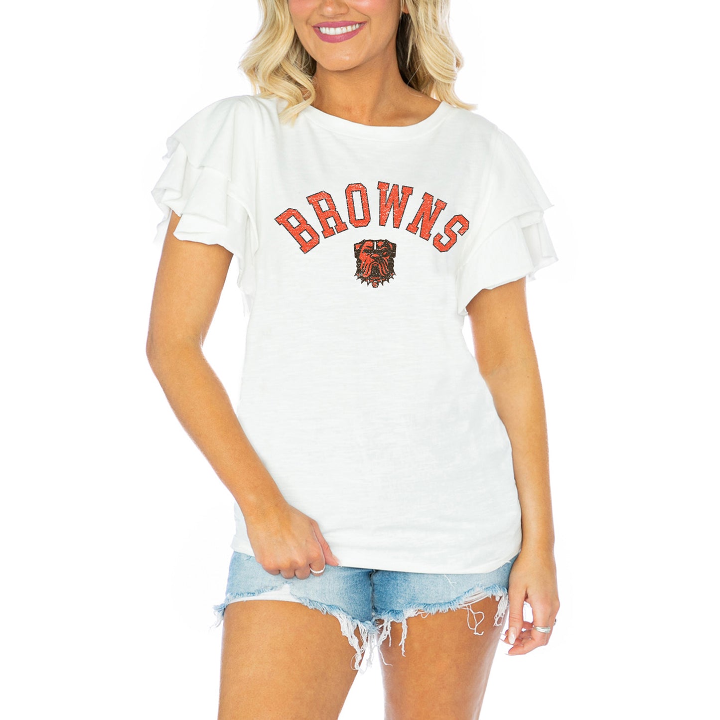 Women's Gameday Couture White Cleveland Browns Valkyrie Ruffle Sleeve Lightweight Top