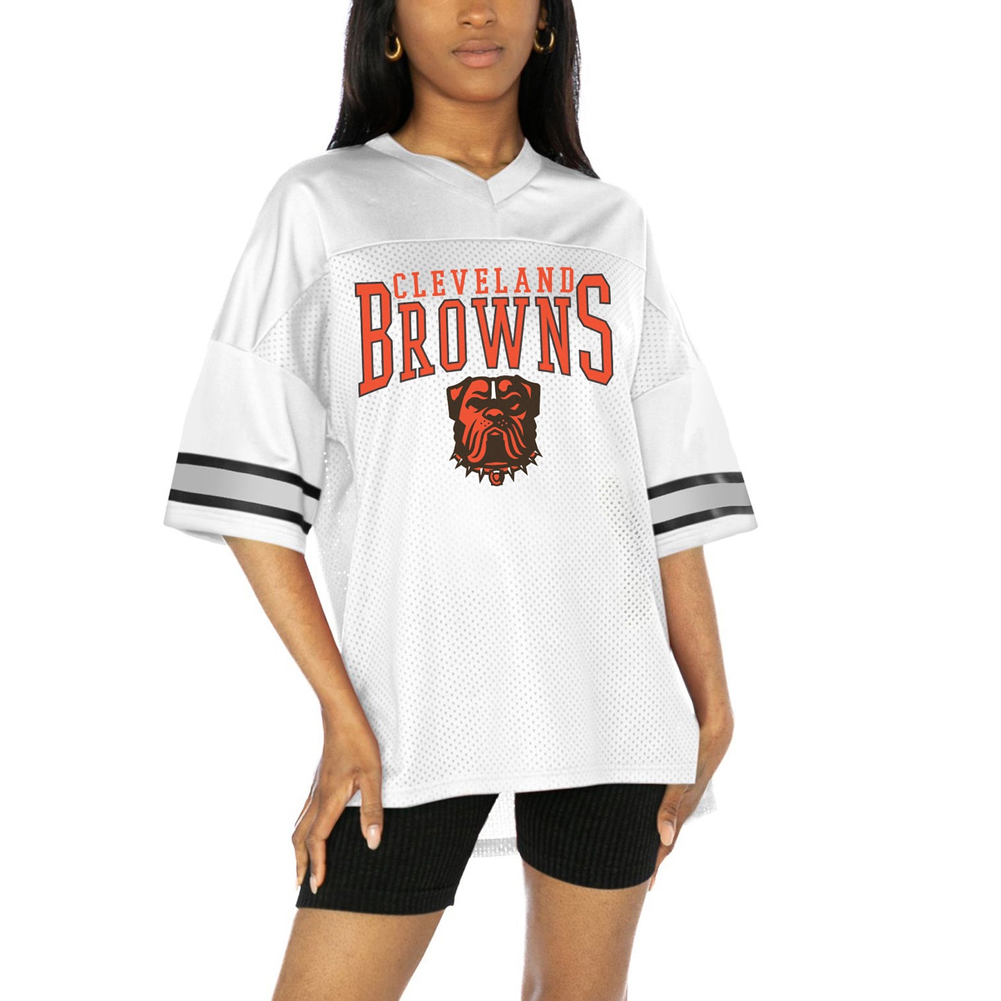 Women's Gameday Couture White Cleveland Browns Top Recruit Oversized Side Slit V-Neck Fashion Jersey