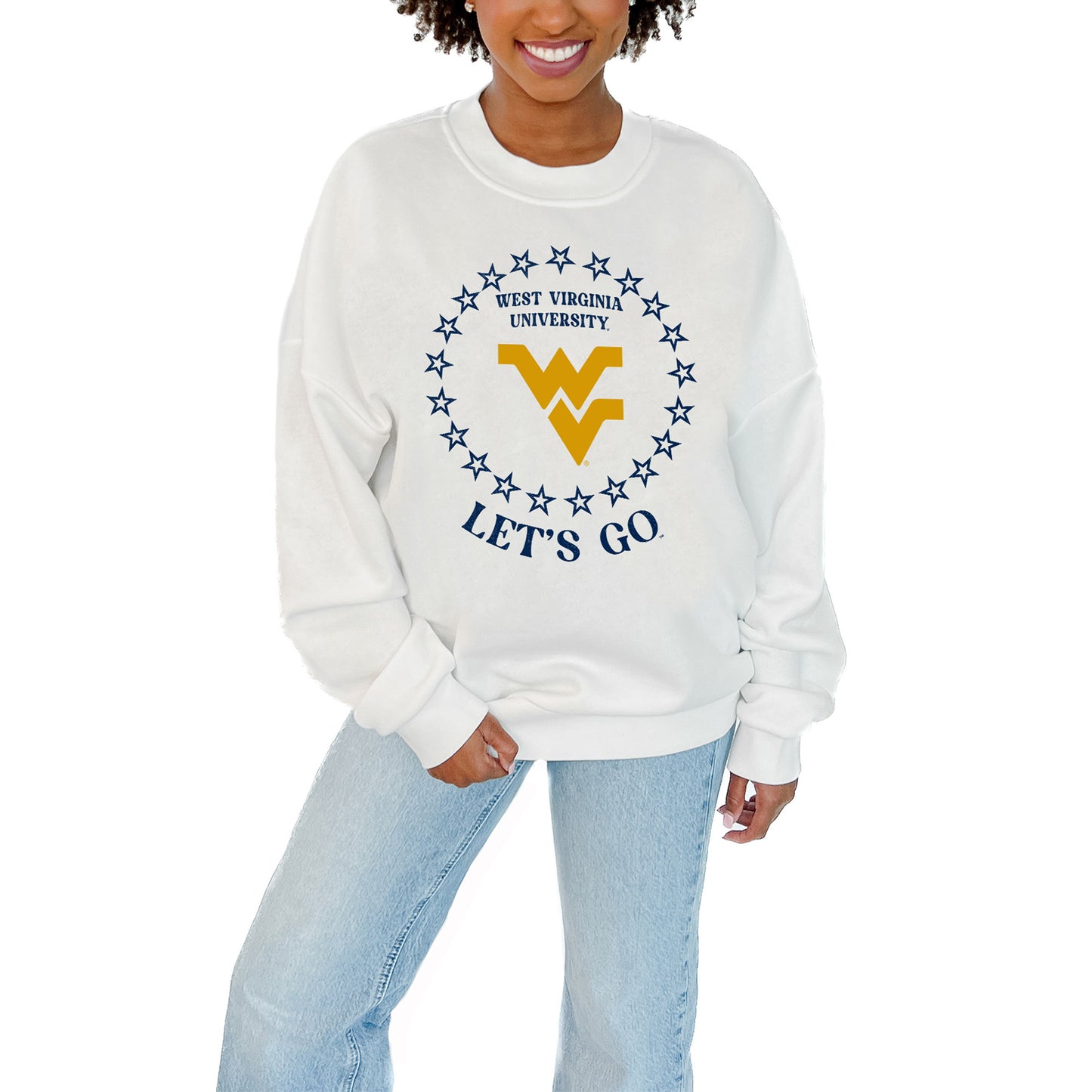 Women's Gameday Couture White West Virginia Mountaineers Stars Premium Fleece Drop Pullover Sweatshirt