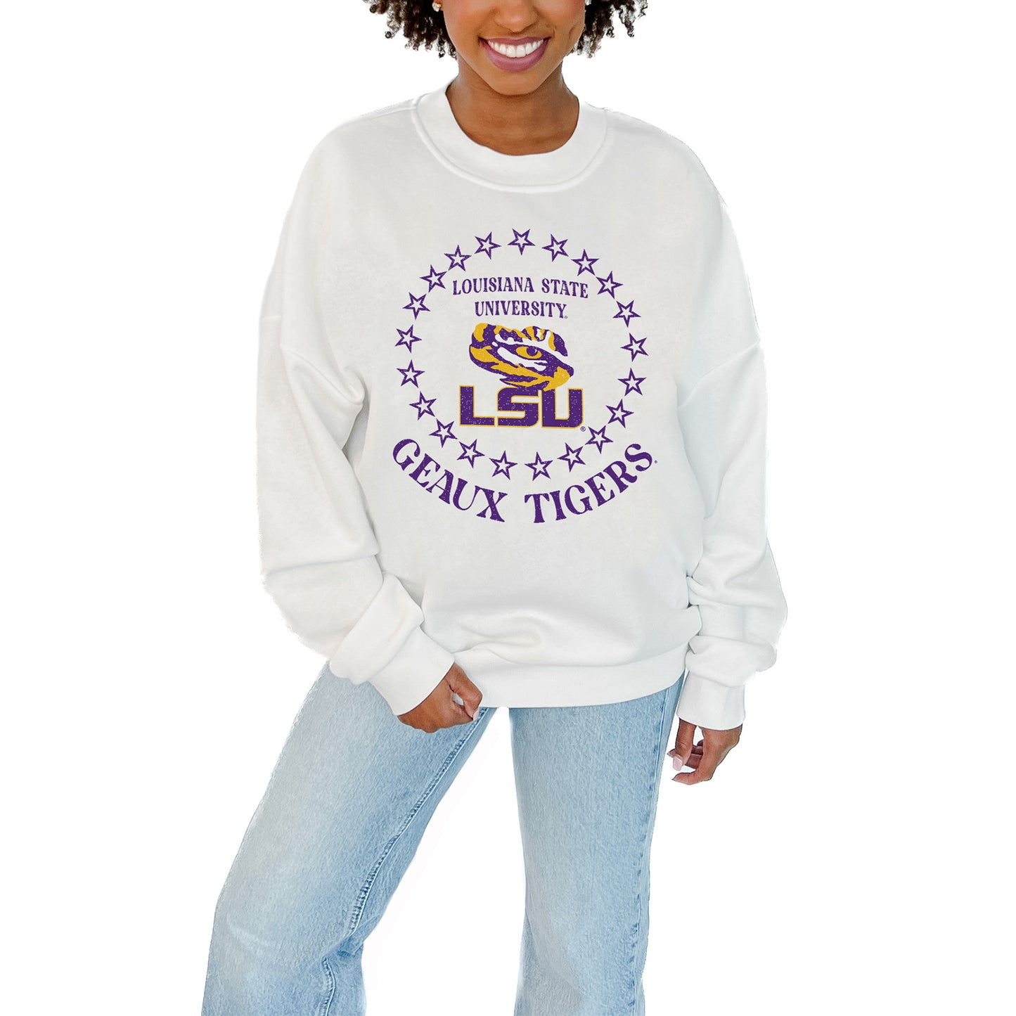 Women's Gameday Couture White LSU Tigers Stars Premium Fleece Drop Pullover Sweatshirt