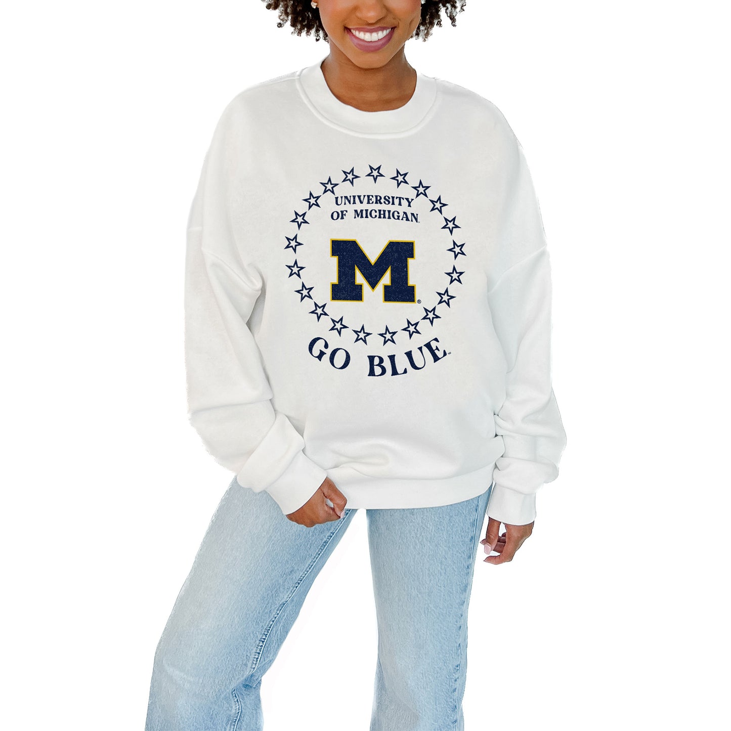Women's Gameday Couture White Michigan Wolverines Stars Premium Fleece Drop Pullover Sweatshirt