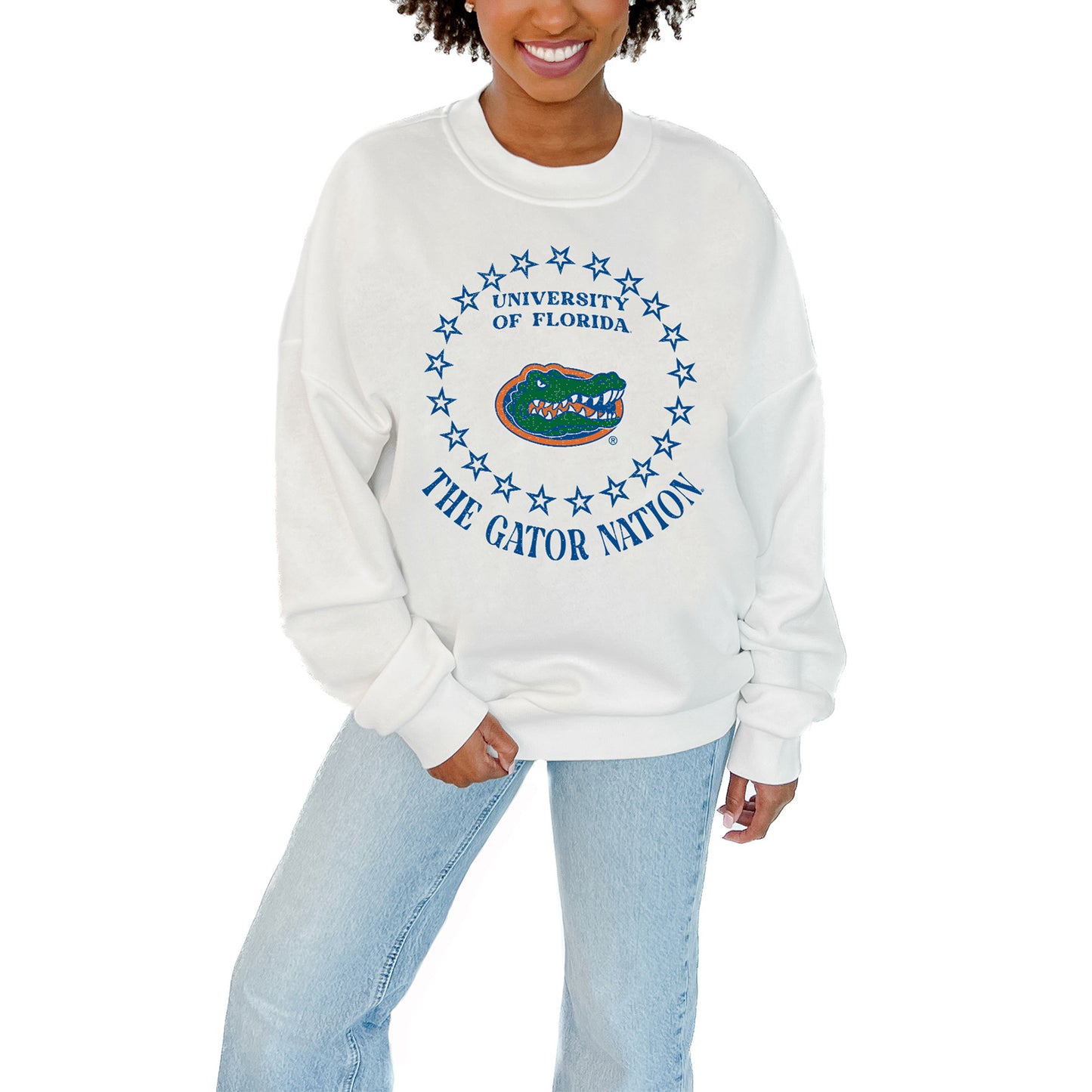 Women's Gameday Couture White Florida Gators Stars Premium Fleece Drop Pullover Sweatshirt