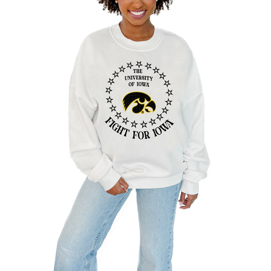 Women's Gameday Couture White Iowa Hawkeyes Stars Premium Fleece Drop Pullover Sweatshirt