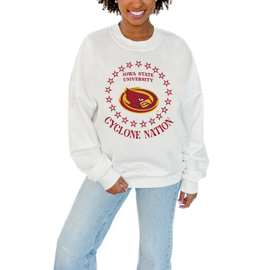 Women's Gameday Couture White Iowa State Cyclones Stars Premium Fleece Drop Pullover Sweatshirt
