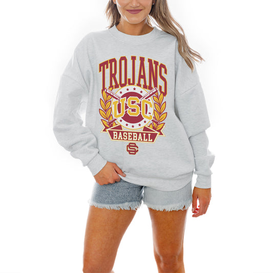 Women's Gameday Couture Gray USC Trojans Baseball Premium Fleece Drop Pullover Sweatshirt