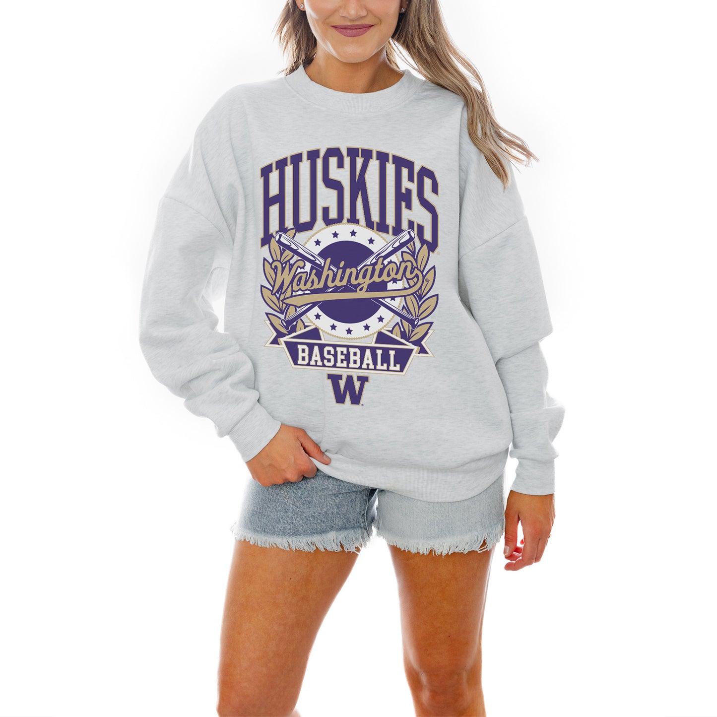 Women's Gameday Couture Gray Washington Huskies Baseball Premium Fleece Drop Pullover Sweatshirt