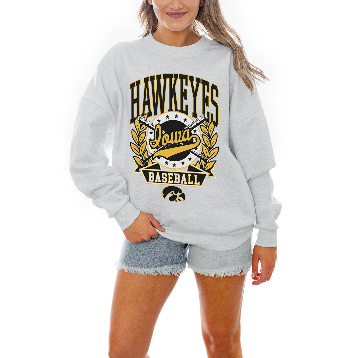 Women's Gameday Couture Gray Iowa Hawkeyes Baseball Premium Fleece Drop Pullover Sweatshirt