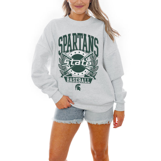 Women's Gameday Couture Gray Michigan State Spartans Baseball Premium Fleece Drop Pullover Sweatshirt