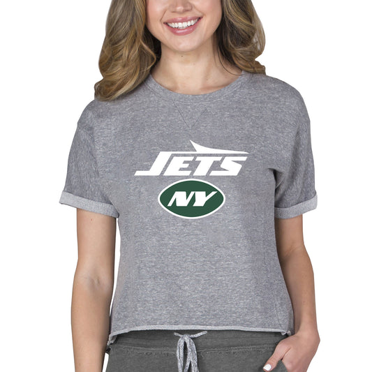 Women's Concepts Sport  Gray New York Jets Tri-Blend Mainstream Terry Short Sleeve Sweatshirt Top