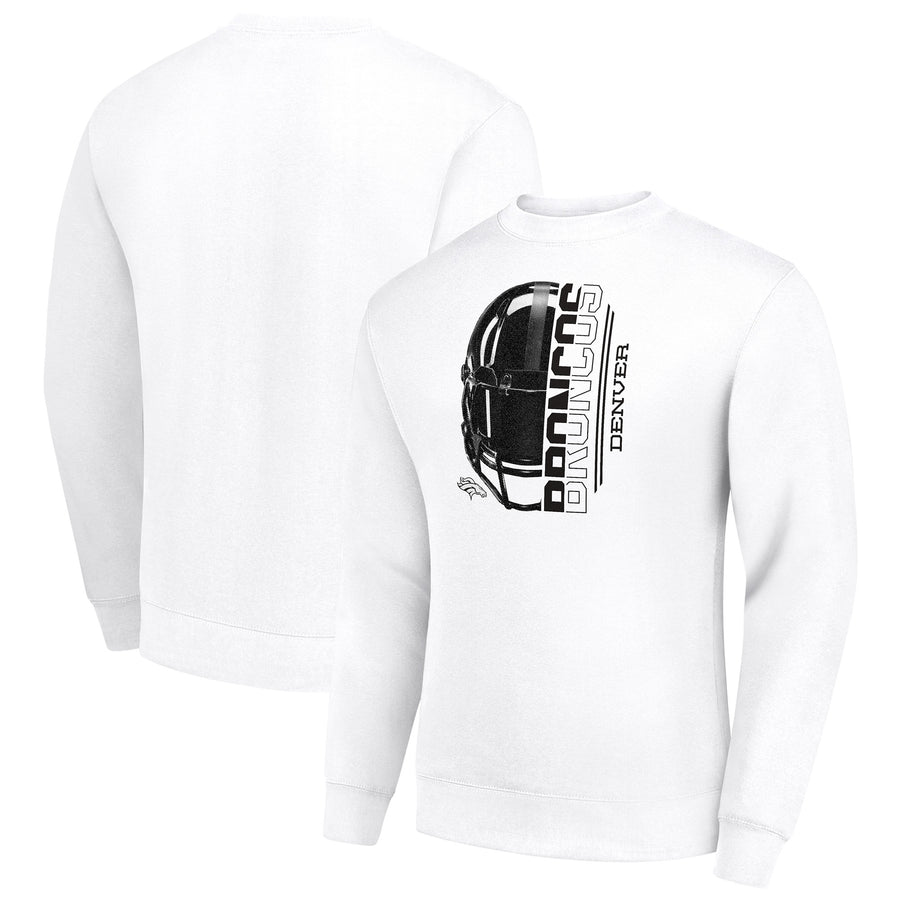 Men's Starter White Denver Broncos Half Helmet Team Graphic Tri-Blend Fleece Pullover Sweatshirt