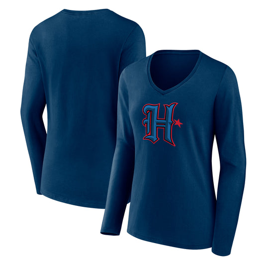 Women's  Navy Houston Texans Secondary Logo Long Sleeve V-Neck T-Shirt