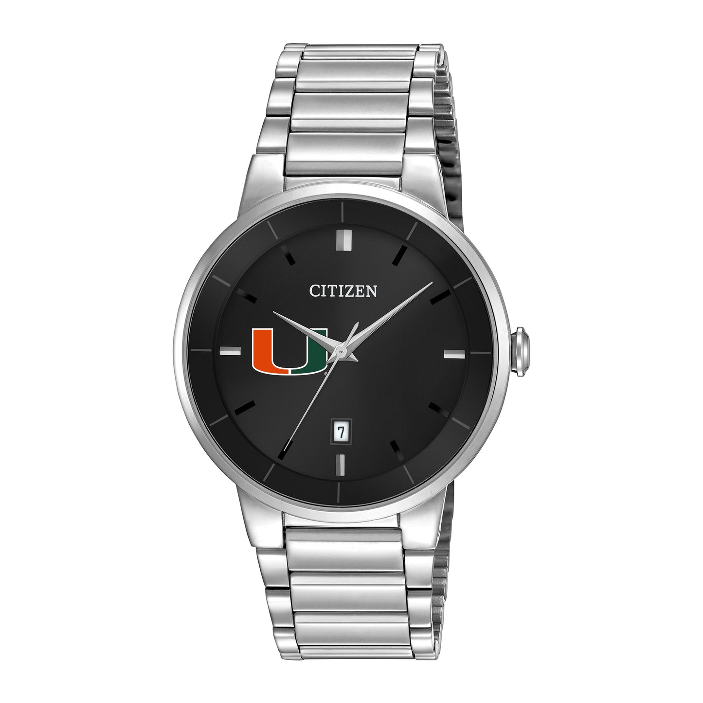 Men's Citizen Watch Silver Miami Hurricanes Black Dial Stainless Steel Watch