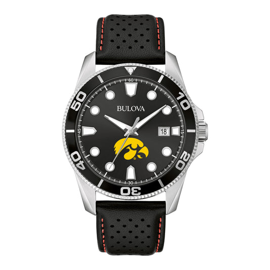 Men's Bulova Black Iowa Hawkeyes Sport Leather Strap Watch