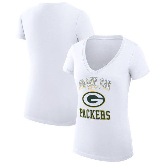 Women's G-III 4Her by Carl Banks White Green Bay Packers Team Logo Graphic Fitted V-Neck T-Shirt