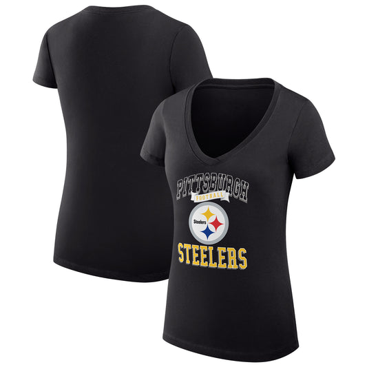 Women's G-III 4Her by Carl Banks Black Pittsburgh Steelers Team Logo Graphic Fitted V-Neck T-Shirt