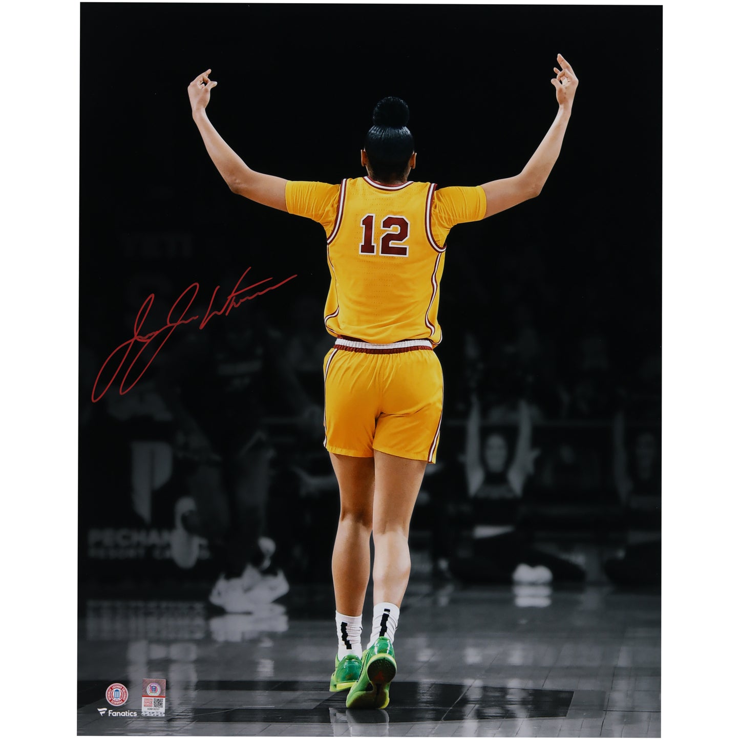 JuJu Watkins USC Trojans Autographed 16" x 20" Arms Up Celebration Spotlight Photograph - Signed in Red Ink