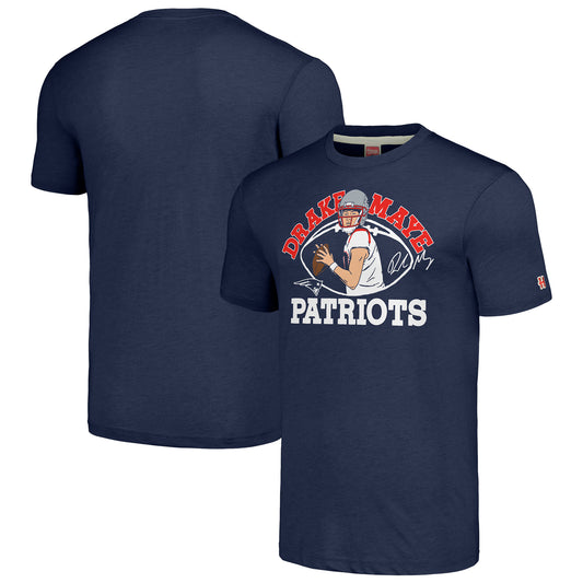 Men's Homage Drake Maye Navy New England Patriots Caricature Player Tri-Blend T-Shirt