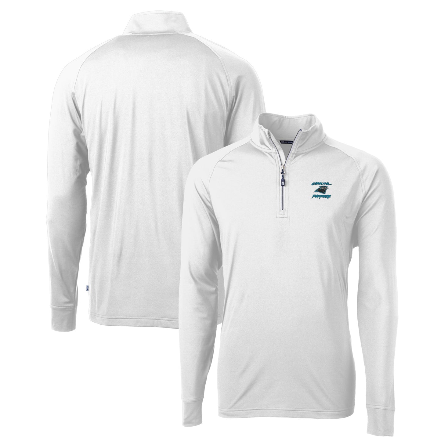 Men's Cutter & Buck White Carolina Panthers  Adapt Eco Knit Stretch Recycled Raglan Quarter-Zip DryTec Top