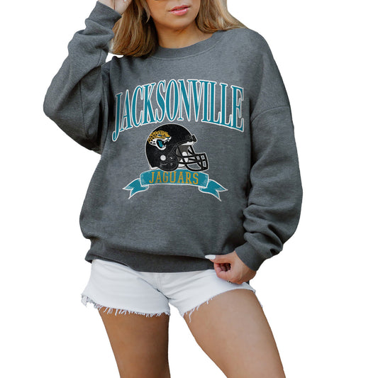 Women's Gameday Couture Charcoal Jacksonville Jaguars Seal The Deal Premium Fleece Drop Shoulder Pullover Sweatshirt