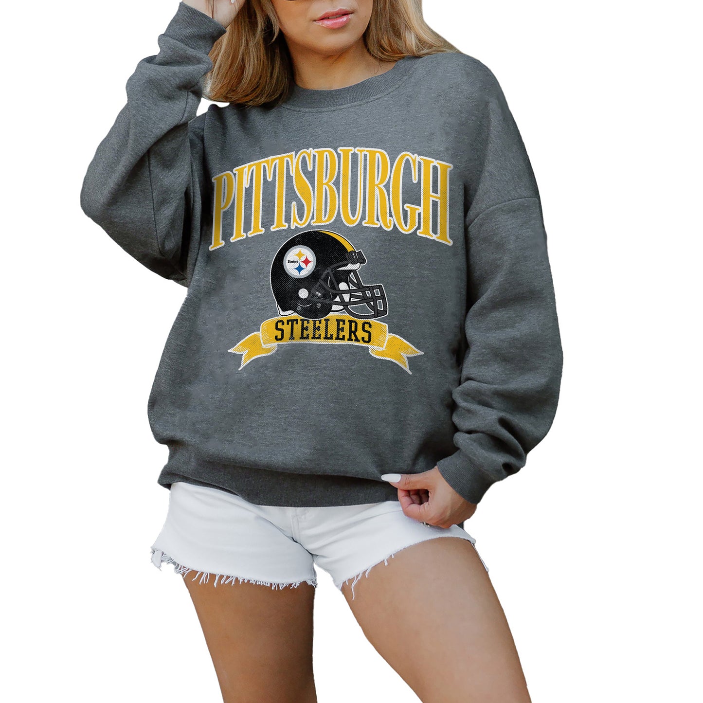 Women's Gameday Couture Charcoal Pittsburgh Steelers Seal The Deal Premium Fleece Drop Shoulder Pullover Sweatshirt