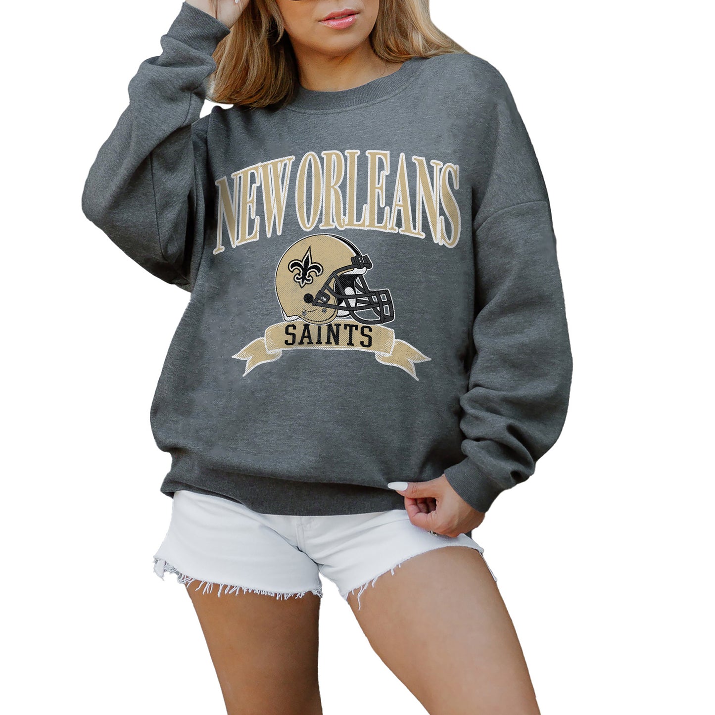 Women's Gameday Couture Charcoal New Orleans Saints Seal The Deal Premium Fleece Drop Shoulder Pullover Sweatshirt