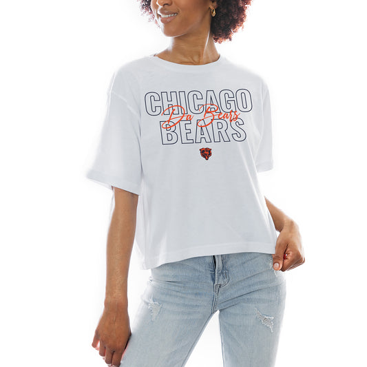 Women's Gameday Couture White Chicago Bears Keep Playing Boxy Fit Cropped T-Shirt