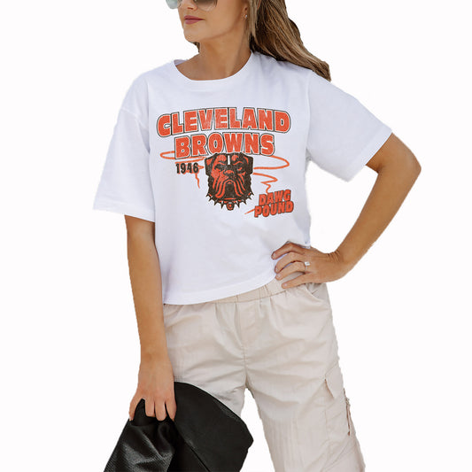 Women's Gameday Couture White Cleveland Browns Gameday Goals Boxy Fit Cropped T-Shirt