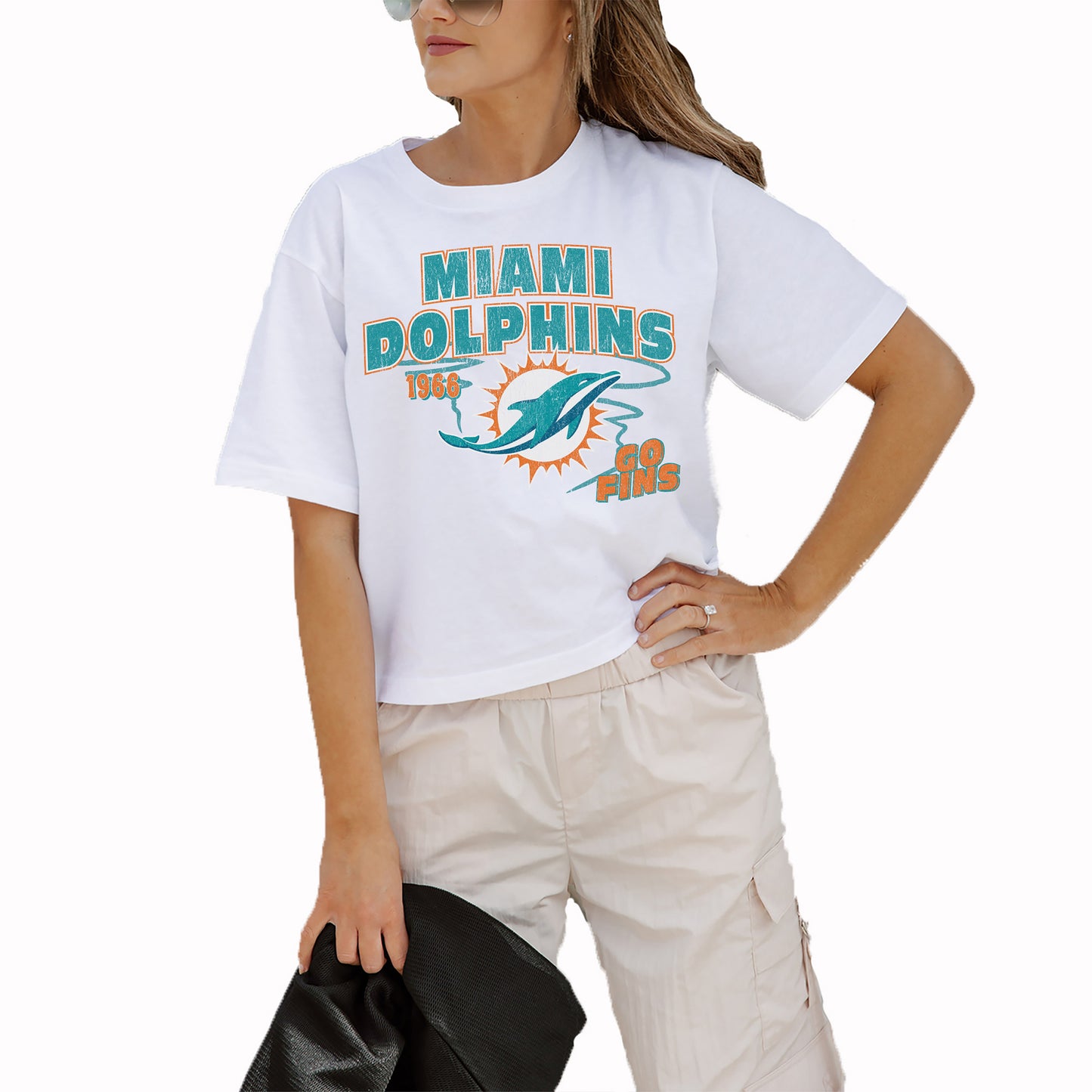 Women's Gameday Couture White Miami Dolphins Gameday Goals Boxy Fit Cropped T-Shirt