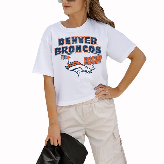 Women's Gameday Couture White Denver Broncos Gameday Goals Boxy Fit Cropped T-Shirt