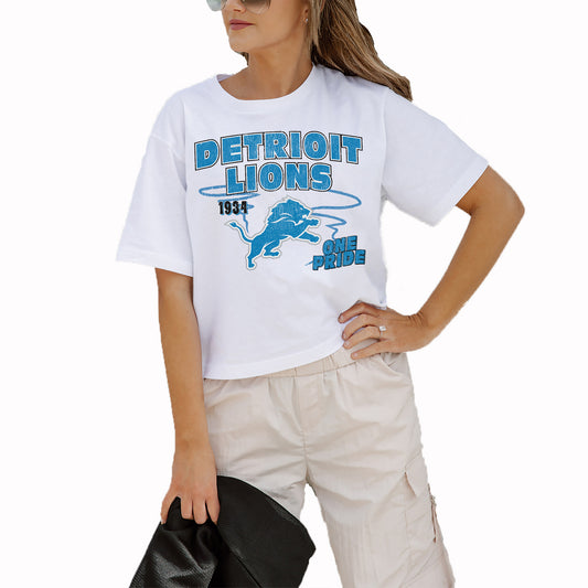 Women's Gameday Couture White Detroit Lions Gameday Goals Boxy Fit Cropped T-Shirt