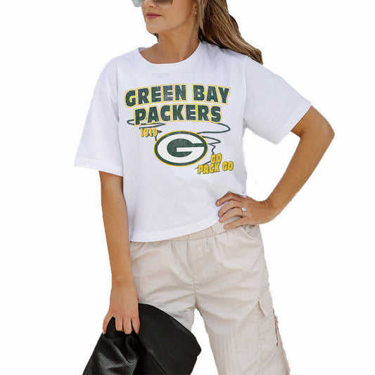 Women's Gameday Couture White Green Bay Packers Gameday Goals Boxy Fit Cropped T-Shirt