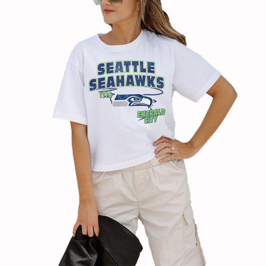 Women's Gameday Couture White Seattle Seahawks Gameday Goals Boxy Fit Cropped T-Shirt