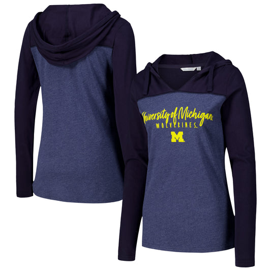 Women's Heather Navy Michigan Wolverines Knockout Color Block Hoodie V-Neck Long Sleeve T-Shirt