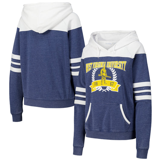 Women's Navy West Virginia Mountaineers Blitz Striped Blocked Raglan Pullover Hoodie