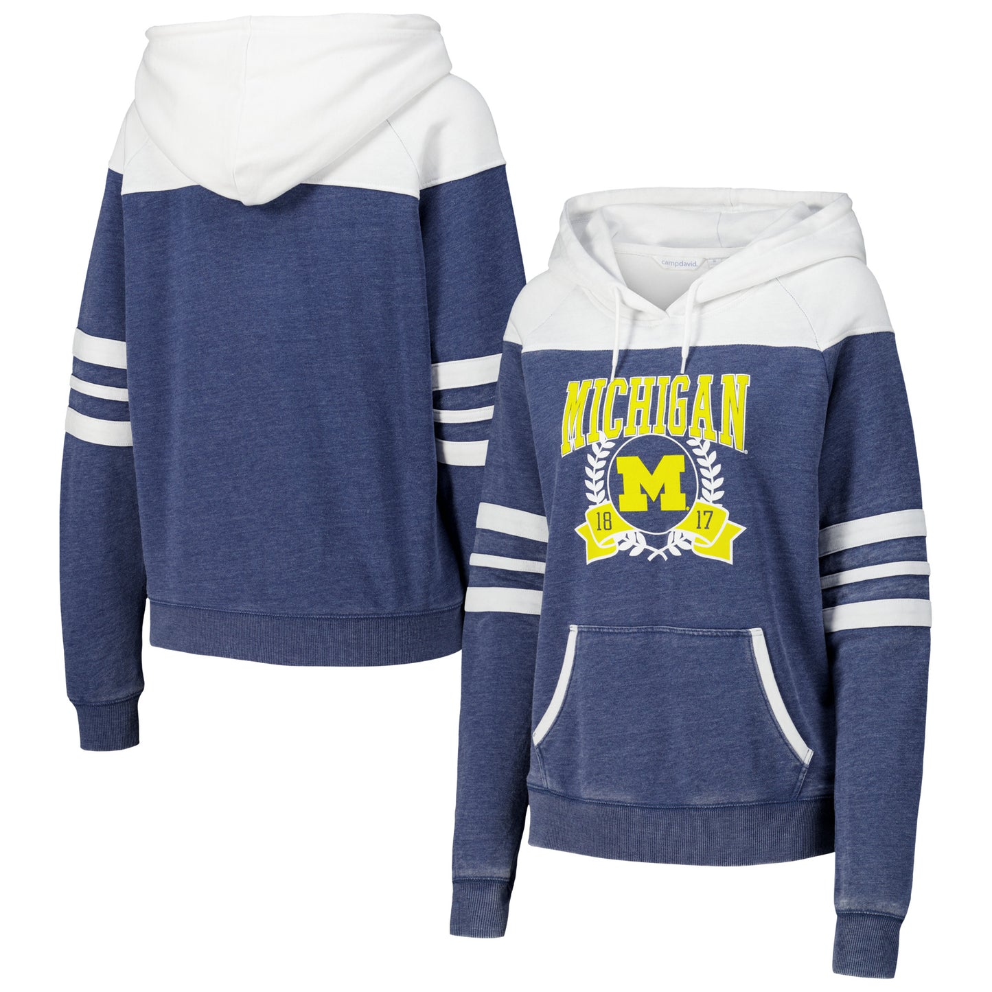 Women's Navy Michigan Wolverines Blitz Striped Blocked Raglan Pullover Hoodie