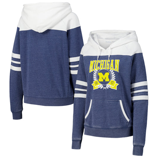 Women's Navy Michigan Wolverines Blitz Striped Blocked Raglan Pullover Hoodie
